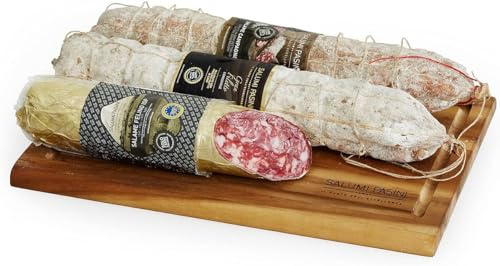 Planche cadeau Passione Salame Trio Salumi Pasini | 1 Campagnolo 600 g + 1 grand filet 700 g + 1 salami Felino IGP trancio 350 g | Planche à découper en acacia inclus