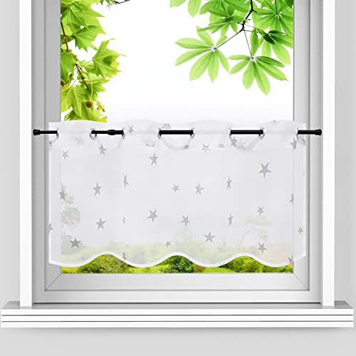 HeichkelL Scheibengardine Voile Sterne Muster Kurzstores Transparent Bistrogardine Landhausstil Kleinfenster Gardine mit Ösen Graue Sterne BreitexHöhe 120x60 cm