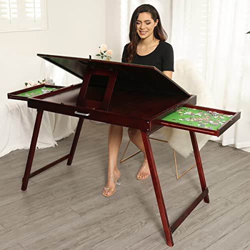 WESTHL Wooden Jigsaw Puzzle Folding Table for Adults and Kids,Portable Puzzle Folding Table with Non-Slip Surface Tilting Board for Games or Gift for Puzzle Amateur (1500 Pcs with 2 Drawers)