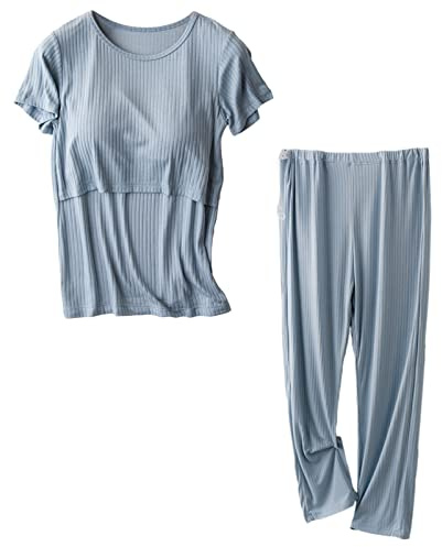 aromm Set Pigiama Donna Premaman Maniche Corte Camicie Infermieristiche Top e Pantaloni Lunghi Casual Set Blu,M