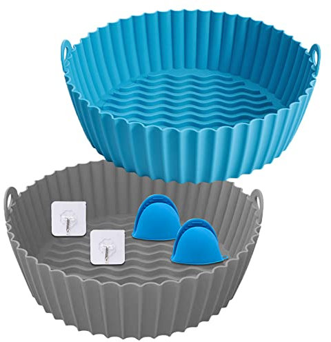 LLGL 2 Stück Air Fryer Silicone Pot (21.3cm), Heißluftfritteuse Zubehör Ersatz für Papiereinlagen, Universal Luftfritteuse Korb, Korb aus Silikon, Rrunden, für Lebensmittel (Grau+Blau)