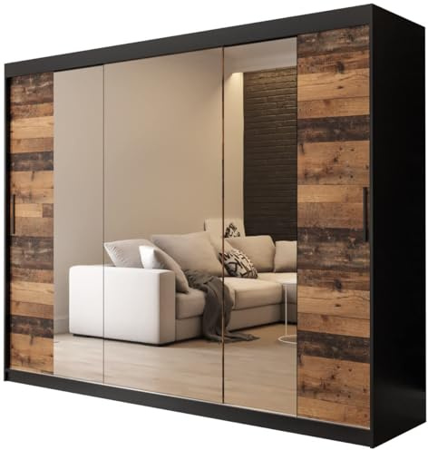 KRYSPOL Schiebetürenschrank Old Style T2 250 cm Kleiderschrank mit Spiegel Einlegeboden Schlafzimmer- Wohnzimmerschrank Schiebetüren Modern Design (Schubladen: 4)