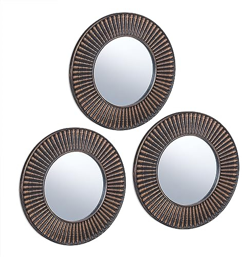 Relaxdays Spiegel 3er Set, runder Sonnenspiegel, Wohnzimmer, Flur, Dekospiegel, Ø 25 cm, Kunststoff-Rahmen, Gold/schwarz