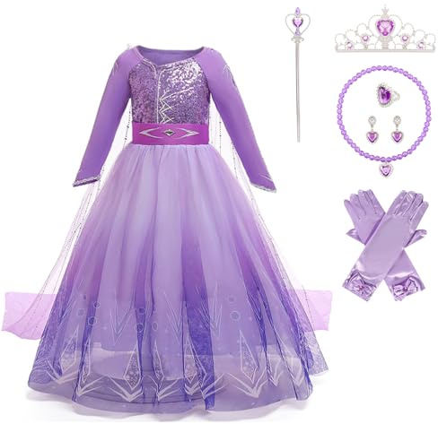 Pianocean Elsa Prinzessin Kleid Mädchen, Elsa Kleid Mädchen, Elsa Kostüm Kinder mit Krone Zauberstab Halsketten, Prinzessin Kostüm Mädchen für Halloween Weihnachten Cosplay Karneval Geburtstag Party