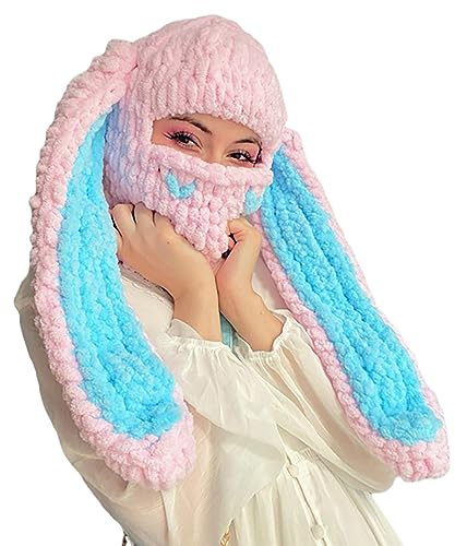 Carino Passamontagna Lavorato a Maglia Y2k Crochet Coniglio Maschera Invernale Caldo Cappelli Morbidi Orecchie Coniglio Teschio Berretto per Donne Uomini, Rosa A., Taglia Unica