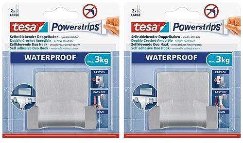 tesa Powerstrips Doppelhaken Waterproof Zoom - selbstklebender Haken für Dusche und Bad, groß - Metall-Badhaken - belastbar bis 3 kg (Packung mit 2)