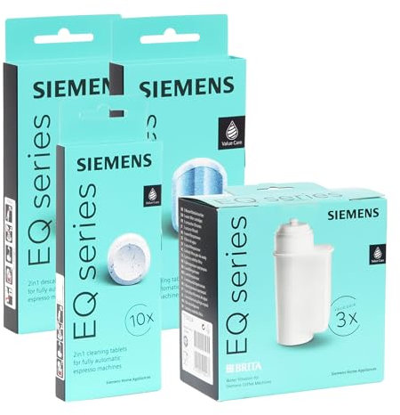 Reinigungs/Pflege-Set passend für Siemens Kaffeevollautomaten, 1 x 3er Pack Wasserfilter TZ70033 + 1 x 10 Reinigungstabletten TZ80001 + 2 x 3 Entkalkungstabletten TZ80002