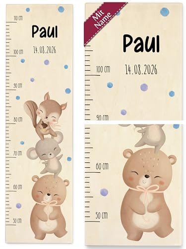 Messlatte Kind Holz - Kindermesslatte Waldtiere I Eichhörnchen I Maus I Bär mit Name und Datum süße Tiere - 50-110 cm - Holz - kinder 160 tier meßlatte mädchen größe wachstumsleiste