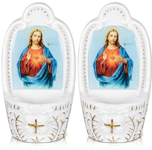 Willinglong 2 Pcs Porcelain Catholic Holy Water Font Ceramic Sacred Heart of Jesus Holy Water Fonts Wall Hanging Holy Water Container for Home Church Entrance Decor First Communion Confirmation Gift