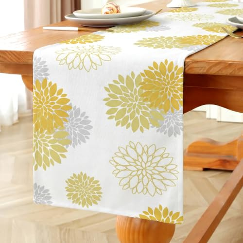 Vorysum Tischläufer Blumen Gelb Dahlien Modern Tischläufer Wasserabweisend Leinen，Dekoration Tischdecke Outdoor Sommer Garten für Hochzeit Esszimmer Party Urlaub Dekor 33 x 120 cm