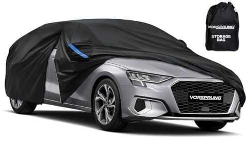 VORSPRUNG® Universal Car Cover (4 Sizes) | Driver Side Zip | Waterproof All Weather | Snow/Sun proof | UV Protection Windproof Outdoor | Full Fitted | Length 475-487cm | Fits Saloons & Family Cars