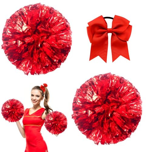 Ycaaeo 2 Stück Cheerleading Pompoms, Pompons Cheerleader Blau Rot, Cheerleader Pompons Handblumen mit Handle, Haargummi Schleife, für Erwachsene/Kinder, Tanzparty, Sportwettbewerb, Teamgeist (Rot)