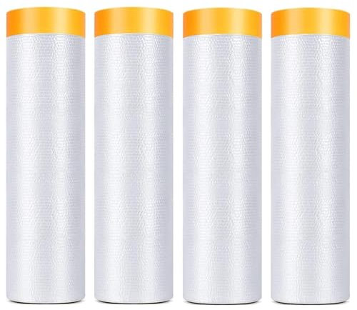 LATERN 4Pcs Plastic Dust Sheet Rolls with Tape, 2.4M x 20M Transparent Masking Film Rolls Self-Adhesive Dust Paint Protective Drop Film for Furniture Car Floor Wall Painting Decorating Covering