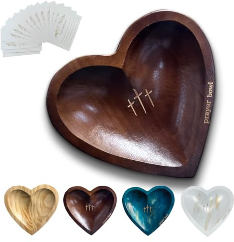 Heart Prayer Bowl Wooden, Handcrafted with 24 Cards, Prayer Dough Bowl Religious/Christmas/Easter/Thanksgiving Day Gifts