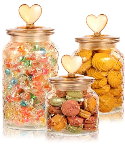 Bonbonglas mit Deckel,3 Vorratsgläser für Candy Bar, Hochzeit, Party & Küche - Spülmaschinenfest für Kekse Schokolade & Süßigkeiten bernsteinfarben 600+900+1200ml