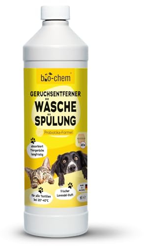 bio-chem Geruchsentferner Wäschespülung 1000 ml - Mikrobiologischer Wäsche Enzymreiniger mit Messbecher - Geruchsneutralisierer gegen Geruch von Urin, Hund & Katzen für alle Textilien - Made in DE