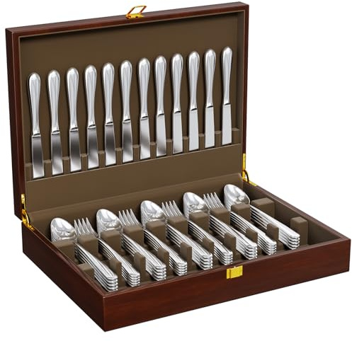 Walnut Wood Silverware Storage Box,Silverware Case Flatware Chest with Felt Lined,Flatware Storage Box for 12 sets of Utensils,Silverware Chest without Silverware,Silverware Organizer with Lid