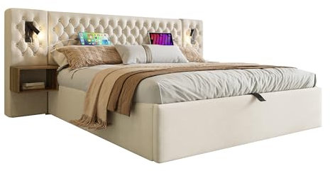 Bettanlage Schlafzimmer Komplett Set,Polsterbett Hydraulisch Stauraumbett Doppelbett 180×200 cm mit 2 Nachttischen, Kopfteil Leselicht mit USB Ladefunktion-261×210×105 cm, Beige, Samt (Ohne Matratze)