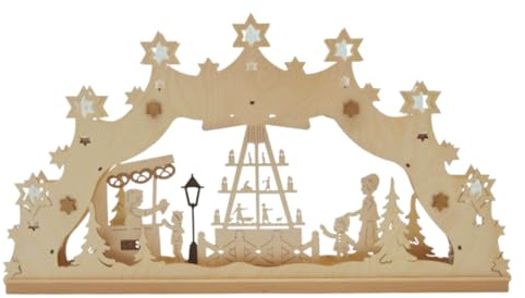 Erzwelt - Lichterbogen ELB – Motiv Weihnachtsmarkt | 32 x 56 x 5 cm – Schwibbogen aus Holz – Leuchtbogen mit 7 Kerzen – Original Erzgebirge Fensterbogen – Weihnachtsdeko
