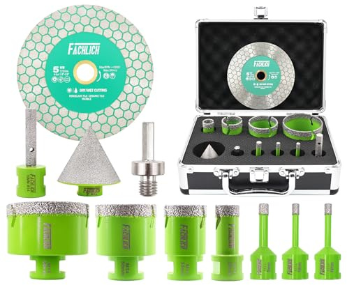 FACHLICH Scie Cloche Carrelage Kit - 11 Pièces Foret Diamant Carrelage Kit(6/6/8/20/35/50/68mm+10mm Fraise+50mm Foret Chanfreineuse+Adaptateur)+Disque Diamant,Scie Cloche Diamantée