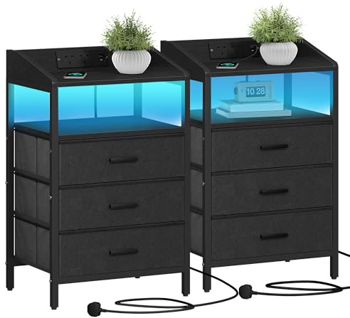 Hzuaneri Bedside Tables Set of 2, Charging Station & LED Light, Black | Bedside Cabinet with 3 Fabric Storage Drawers and Shelves, Nightstand with USB Ports&TypeC for Bedroom, NS35504BUK