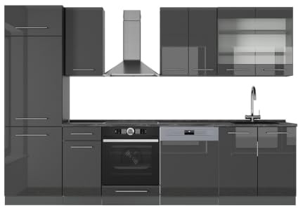 Vicco Küchenzeile Fame-Line, Anthrazit Hochglanz, 300 cm | 8 Module · Höhenverstellbare Füße · AP Anthrazit inkl. · MDF-Fronten · Softclose · Metallgriffe