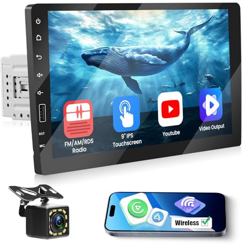 Inefala 1 DIN Radio con Pantalla 9 Pulgadas Wireless Carplay Android Auto, Autoradio 1 DIN Bluetooth con Reproducción Vídeo Línea, Salida de Vídeo, Radio FM EQ USB SWC Cámara Trasera Mic