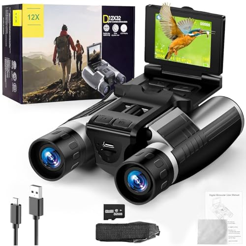 Binocolo da 2,4 pollici con fotocamera, fotocamera binocolo digitale HD 12x32, immagine da 48 MP, video 2,5 K, zoom digitale 8x, binocolo 32G per bird watching avventure all'aperto