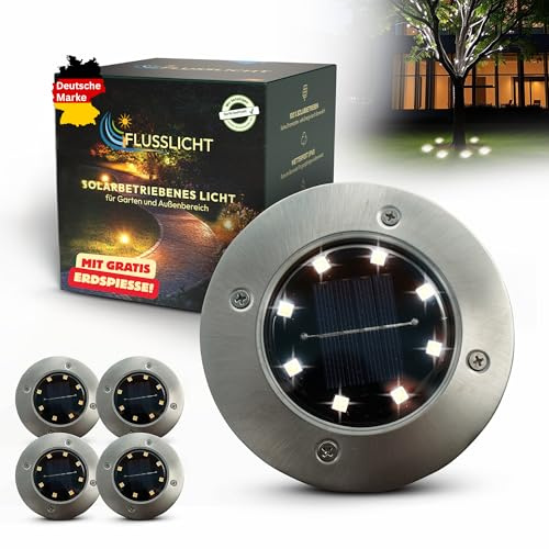 FLUSSLICHT Solar Bodenleuchten Außen 4er Set Kaltweiß – Klare Sicht & Sicherheit | inkl. 2 Ersatz-Erdspieße | IP65 wasserdicht | Edelstahl | Automatik bis 10 Std. Leuchtdauer | Gartenwege, Einfahrten