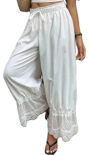Womens Y2K Lace Trim Hem Long Bloomers Elastic Mid Rise Ruffle Pantaloons Cropped Flared Slips Pants Pajama Bottoms (White, S)