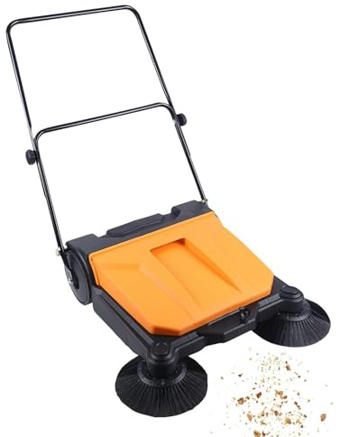 Barredora comercial plegable para caminar detrás del suelo, 68.1 cm de ancho con caja de polvo de 15 litros, limpieza eficiente para pasarelas y patios