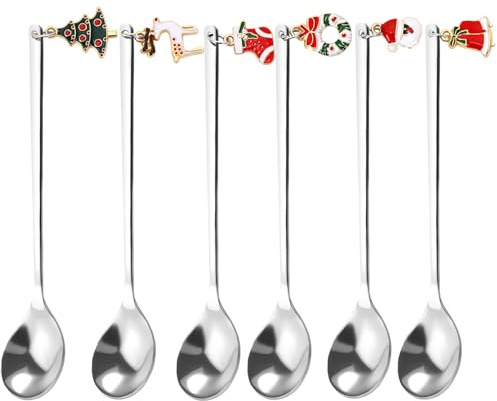 Weihnachtslöffel mit Geschenkverpackung Set, 6 Stück Silber Weihnachten Teelöffel mit Weihnachtsanhänger Christmas Spoons Weihnachtsgeschirr Edelstahl Kaffee Teelöffel Dessertlöffel Weihnachts Besteck