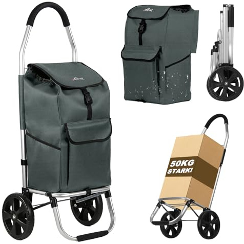 Shoppingvagn, HOMELUX vikbar, stabil shoppingvagn, stor kapacitet 41 L, multifunktionell, handvagn med hjul, avtagbar väska, grå 243