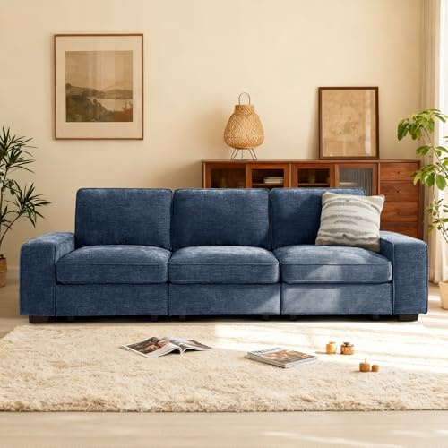 DUANDUAN 255cm Modulares Sofa mit großem Stauraum, modernes, bequemes Chenille-3-Sitzer-Sofa für Wohnzimmer, Büro, Wohnung, breite Armlehnen, Seitentaschen, USB-Anschluss, Abnehmbarer Bezu (Blau)