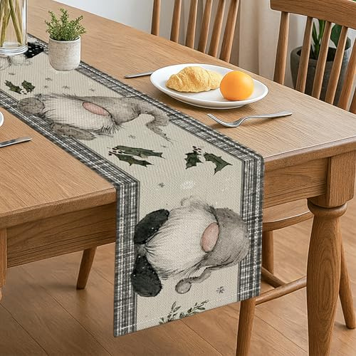 Runner da tavola con gnomo natalizio, decorazione invernale rustica con agrifoglio e motivo scozzese, decorazione per tavolo da pranzo, 33 x 183 cm