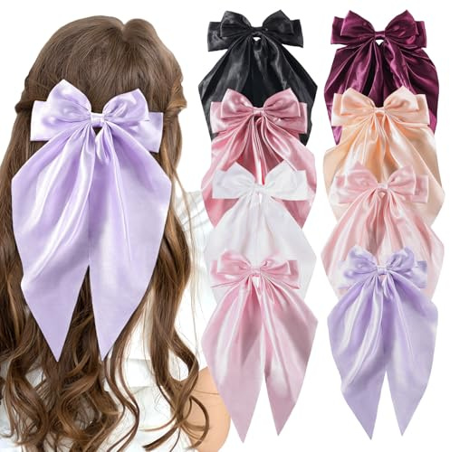 8 pcs Hair Bows for Women and Girls Silky Satin Hair Bows for Girls Long Tails Vintage Hair Accessories for Women