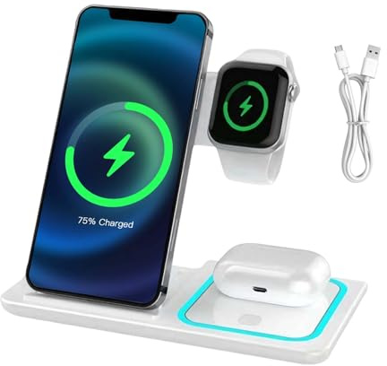 Station de Charger sans Fil 3-en-1 Pliable, Chargeur Induction Rapide avec Support réglable 70° Compatible avec iPhone 17/16/15/14/13/12/11, Watch Ultra/SE/10-6, Pods 4/3/2, Coques ≤5 mm