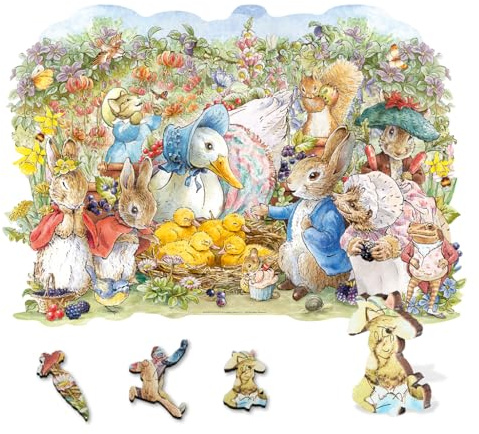 Wentworth Wooden Puzzles Peter Rabbit and Friends - 100 Pcs Adult Jigsaw Puzzle, Themed Irregular Pieces, Exclusive Illustration for Beatrix Potter Fans - Sustainably Sourced Wood and British Made