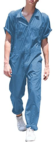 Tuta da lavoro da uomo, casual, da lavoro, con tasche multiple, estiva, tinta unita, a maniche corte, oversize, comoda, tuta da jogging