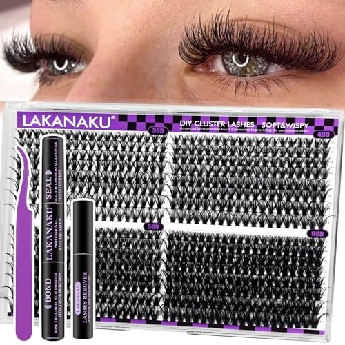 LAKANAKU Wimpern Extensions Set 640 pcs 8-16mm Cluster Lashes mit Bond and Seal D Curl Lash Extension Set Volume Look Künstliche Wimpern DIY Wimpernverlängerungs-Set für zu Hause（30D+40D+50D+60D)