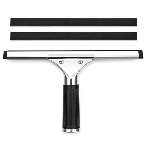 10 Inch Window Squeegee with 2 Rubber Blade Replacement Stainless Steel | Window Squeegee Glass Cleaning Shower Screen Wiper Multi-Purpose Squeegee for Bathroom Glass Door Mirror Car Tiles