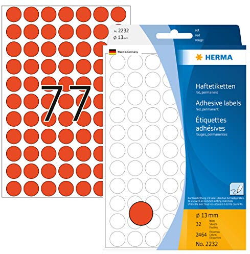 HERMA 2232 multifunktionsetiketter/runda färgade prickar (Ø 13 mm, 32 ark, papper, matt) självhäftande, permanenta märkningspunkter för handskriven märkning, 2 464 klistermärken, röd