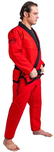 KO Sports Gear Adult BJJ Gi Set, Pre-Shrunk Cotton Jiu Jitsu Uniform with 450 GSM Pearl Weave Jacket, 13 Oz Rip Stop Pants, Reinforced Knee and Lower Leg, Belt Not Included, Unisex Fit (Red, A3)