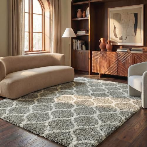 SAFAVIEH Hudson Shag Collection 6' x 9' Grey/Ivory SGH280B Moroccan Ogee Trellis Non-Shedding Living Room Bedroom Dining Room Entryway Plush 2-inch Thick Area Rug