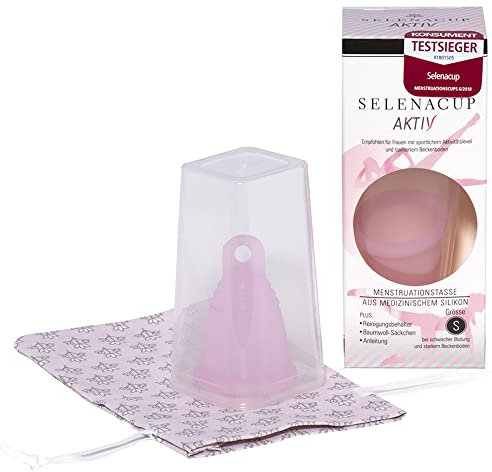 Selenacare Menstruationstasse Aktiv - waschbarer Periodencup aus medizinischem Silikon für sportliche Frauen - mit Aufbewahrungsbeutel und Sterilisationsbecher, Größe S (21ml)