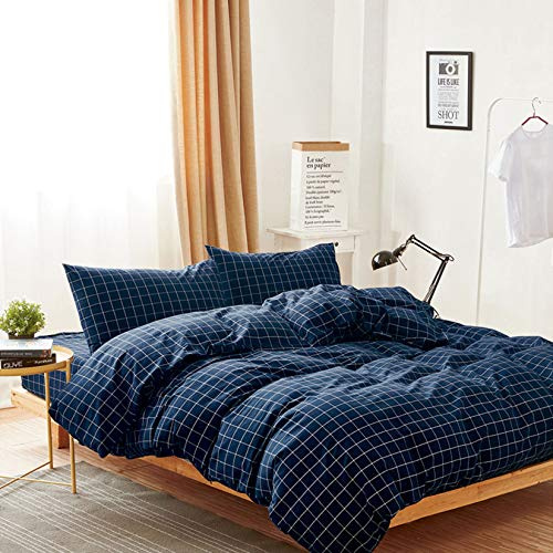 Wake In Cloud - Grid Cotton Duvet Cover Set, Plaid Checkered Geometric Farmhouse, 100% Washed Cotton Textured Bedding Set, 3 Pieces, Navy Blue, Full Size