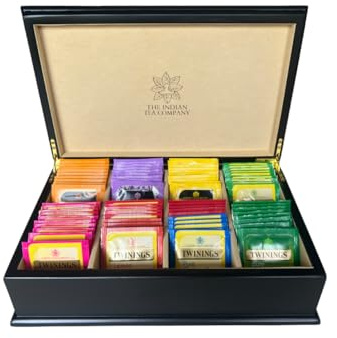 Indianteacompany ITC Luxury Wooden Black Tea Chest Caddy 8 Compartment with Cream Velvet with 80 Twinings Individually Wrapped Tea Bags