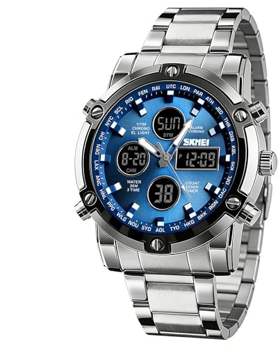 SKMEI Armbandsur för män, vattentäta militära analoga digitala klockor med LED multitidskrronograf, affärsklockor i rostfritt stål för män, 1389-blå, 2.28*1.89*0.63 inches, Kronograf, digital