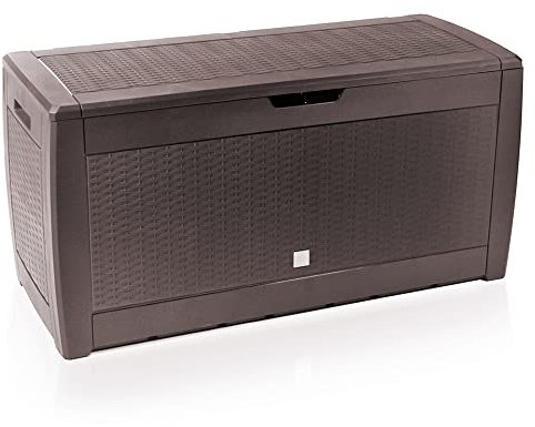 VOUNOT Baule da Giardino Impermeabile, Cassapanca Contenitore da Esterno con Maniglie e Rotelle, 310 L, Effetto Rattan, Marrone