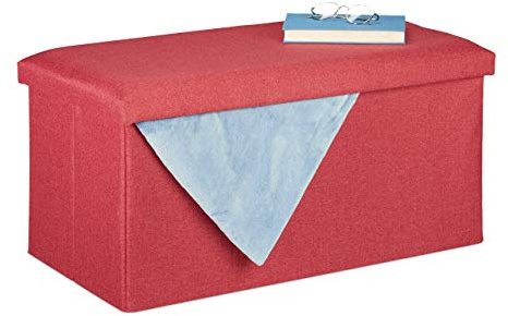 Relaxdays Sitzbank mit Stauraum, Leinen-Optik, gepolstert, Flur, rot | Schlafzimmer, Truhenbank, HBT: 38 x 76,5 x 38,5 cm